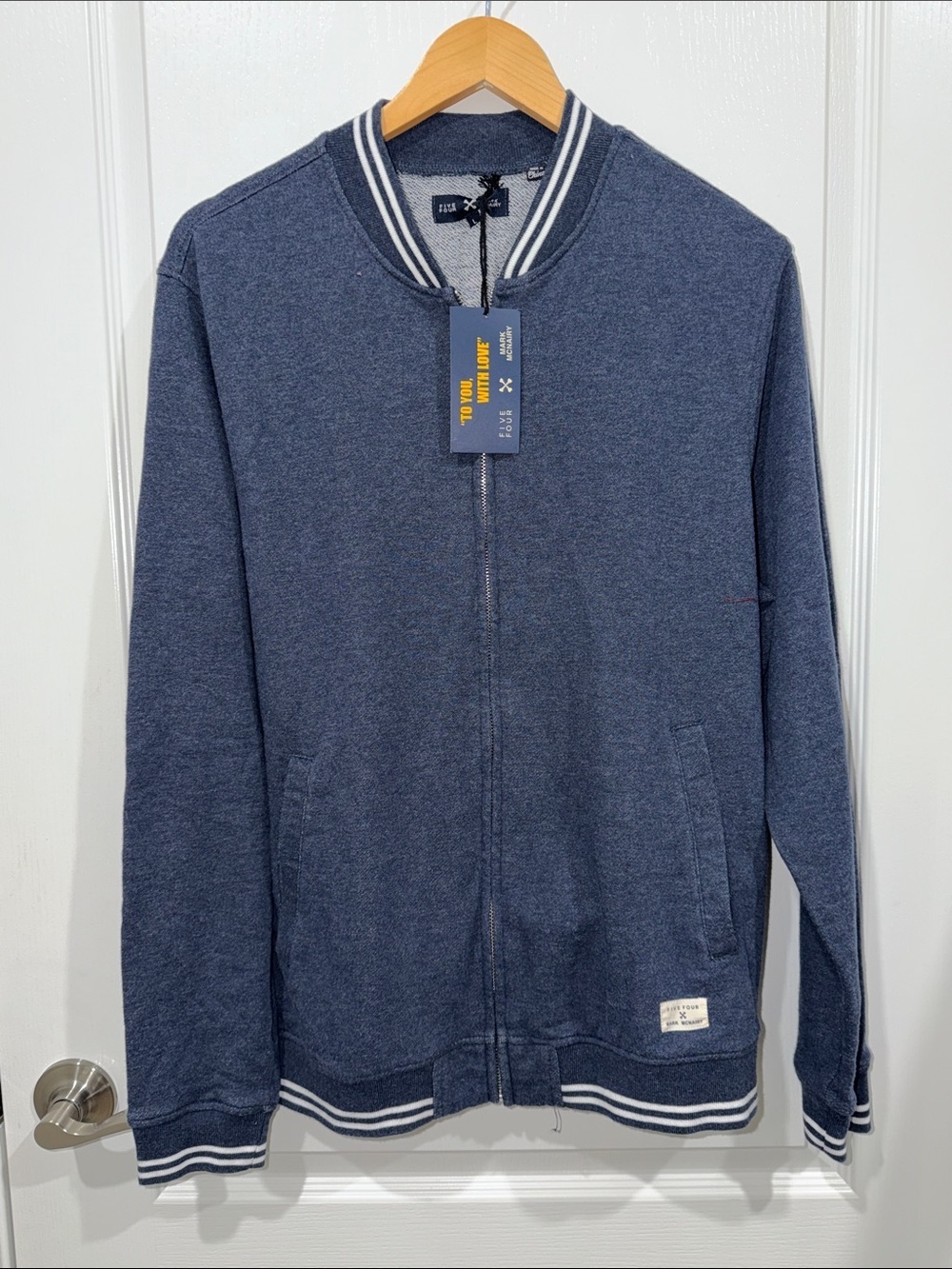 Five Four by Mark McNairy Mens Blue/White Jacket Sweatshirt Zipper Crewneck L